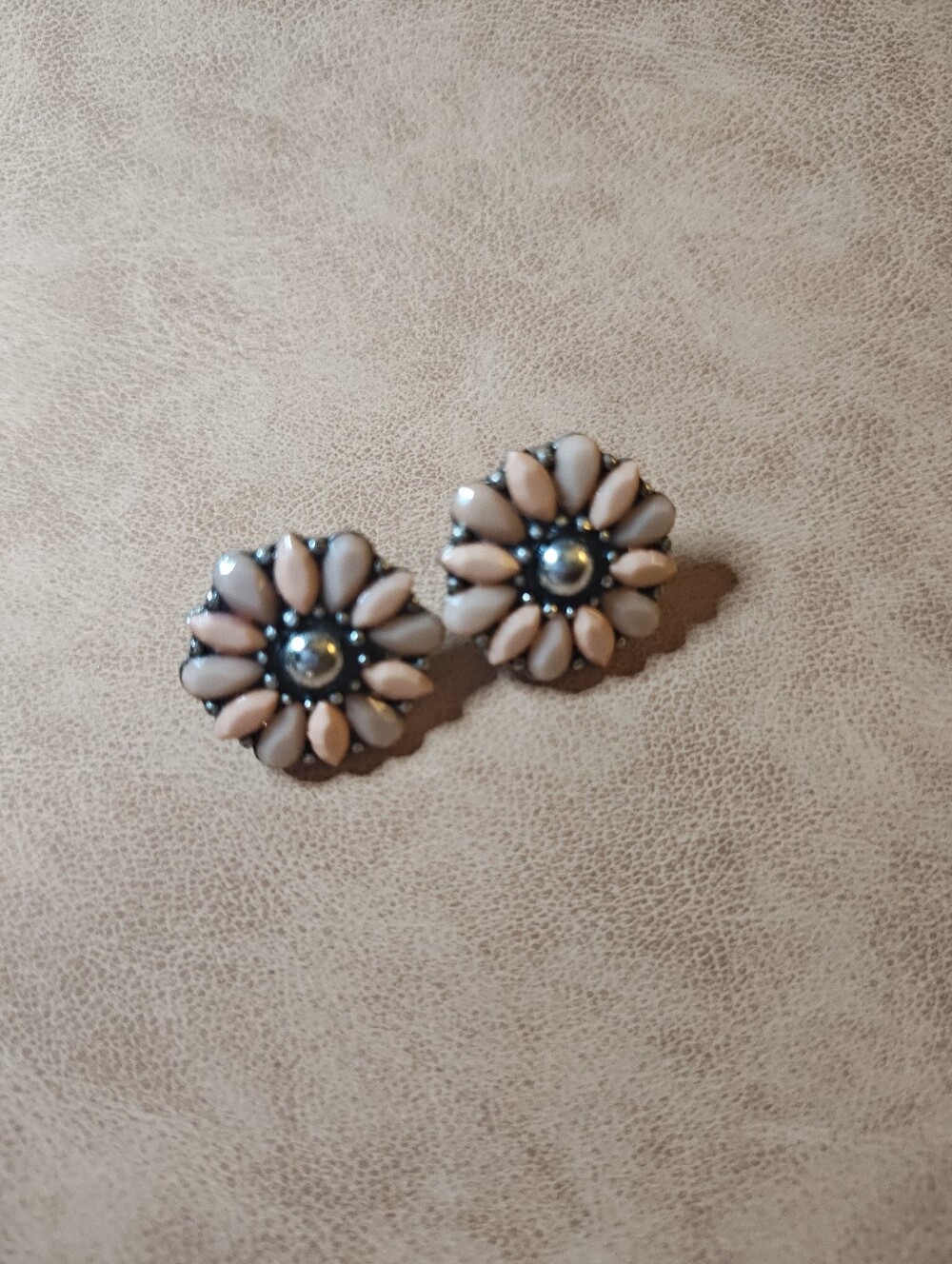 Blush Pink Floral Statement Stud Earrings Silver Tone